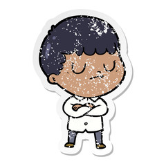 distressed sticker of a cartoon grumpy boy