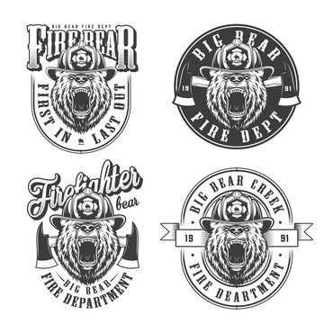 Vintage monochrome firefighting emblems set