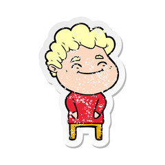 distressed sticker of a cartoon friendly man