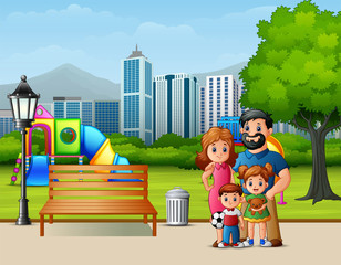Funny cartoon family in the city park