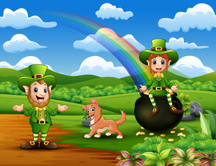 Naklejka premium St Patrick day leprechauns celebrate with a pet