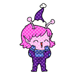 comic book style illustration of a alien girl giggling wearing santa hat