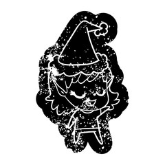 happy cartoon distressed icon of a elf girl wearing santa hat