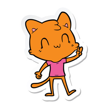 sticker of a cartoon happy cat giving peace sign