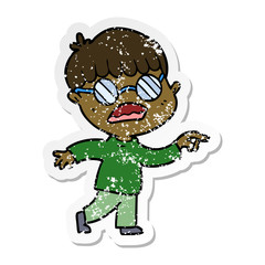 distressed sticker of a cartoon boy wearing spectacles