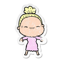 distressed sticker of a cartoon peaceful old woman