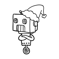line drawing of a robot wearing santa hat