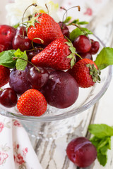 Various ripe fruits and berries - strawberry, cherry, plum.