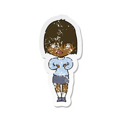retro distressed sticker of a cartoon woman making Who Me gesture