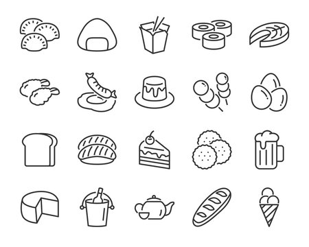 set of food icons ,such as bread, rice, meat, drink