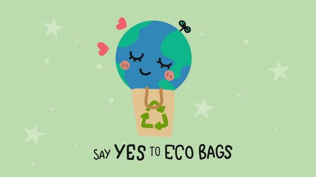 Earth sleep and happy in eco paper bag with word say yes to eco cup cartoon