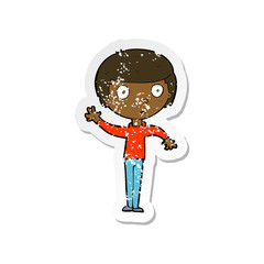 retro distressed sticker of a cartoon waving boy