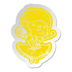 distressed old sticker of a cute singing kawaii girl