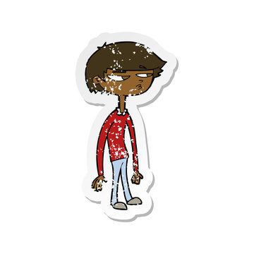 recommend clip art: retro distressed sticker of a cartoon suspicious boy