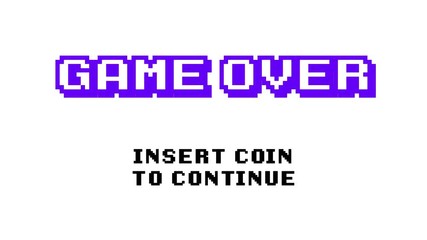 A retro vintage 8-bit game over screen (insert coin to continue), with blocky pixelated text; flashing and hue shift effects; white background. - Powered by Adobe