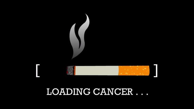Animation flat style of a loading bar made with a cigarette consuming from right to left, with smoke moving and LOADING CANCER written under with suspension points creating. Alpha channel included