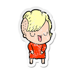 distressed sticker of a cute cartoon girl with hipster haircut