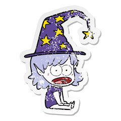 distressed sticker of a funny witch girl cartoon