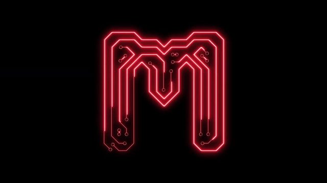 Animated red neon glowing alphabet letter M as circuit board style