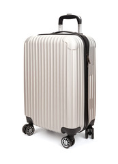 silver luggage on a white background