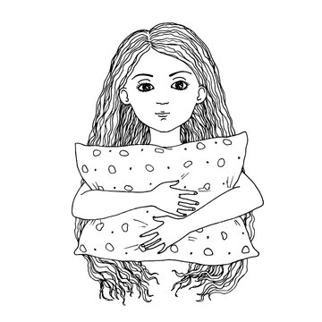 Vector hand drawn illustration, girl with pillow. black and white sketch