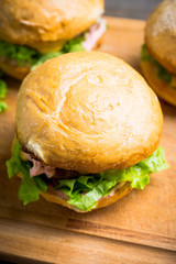 Tasty burger with fresh buns, meat and salad. Selective focus.