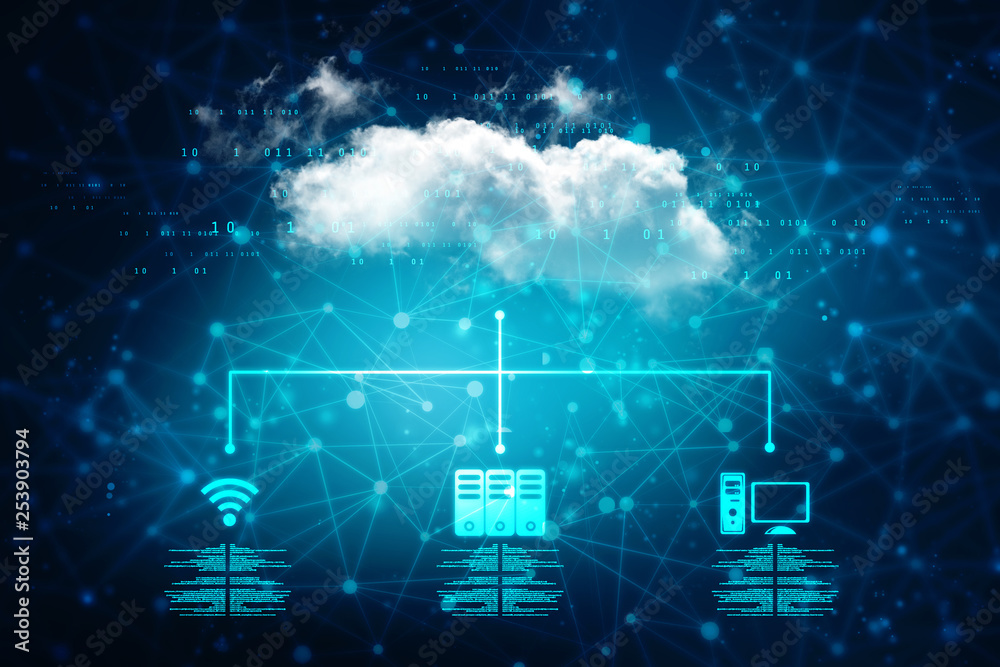 Poster cloud network in abstract technology background. cloud networking concept