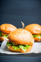 Tasty burger with fresh buns, meat and salad. Selective focus.