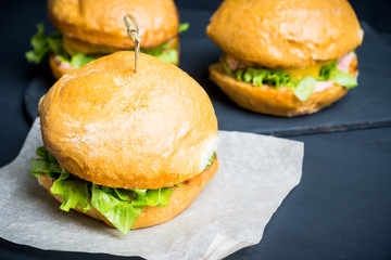 Tasty burger with fresh buns, meat and salad. Selective focus.