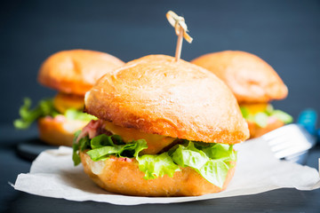 Tasty burger with fresh buns, meat and salad. Selective focus.
