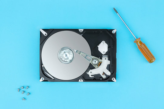 Open hard disc drive, Hard disc and tools.