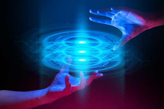 digital data ai global network technology hologram with particle light and two hands of human with blue and red color glow in scifi futuristic concept