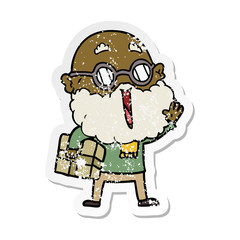 distressed sticker of a cartoon joyful man with beard and parcel under arm