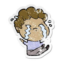 distressed sticker of a cartoon man crying
