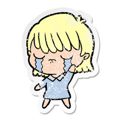 distressed sticker of a cartoon woman crying