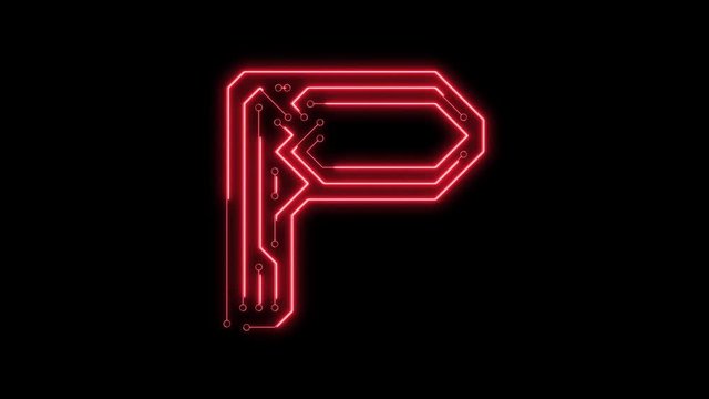 Animated red neon glowing alphabet letter P as circuit board style