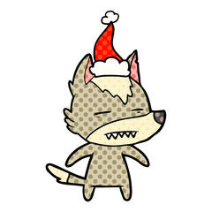comic book style illustration of a wolf showing teeth wearing santa hat