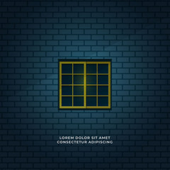 night scene quiet room seen form outside window minimal illustration concept. closed square window and blue brick wall background vector design.