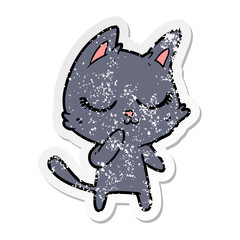 distressed sticker of a calm cartoon cat considering
