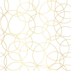 Gold foil circles abstract seamless vector pattern. Modern elegant background shiny golden overlapping circles on white. Design for web banner, blog, wedding, digital paper, celebration, invite