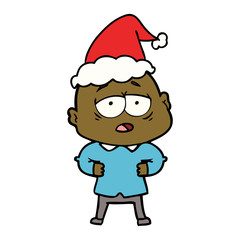 line drawing of a tired bald man wearing santa hat