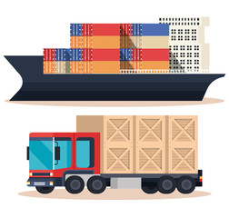 ship with containers and truck