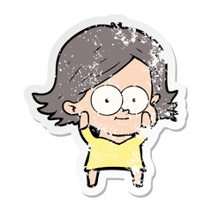 distressed sticker of a happy cartoon girl