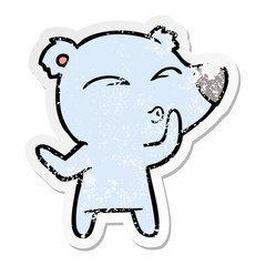 distressed sticker of a cartoon whistling bear