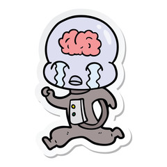 sticker of a cartoon big brain alien crying running
