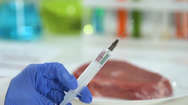 Lab worker making injection of pesticide to piece of meat, preservatives, gmo