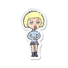 retro distressed sticker of a cartoon suspicious girl