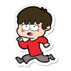 sticker of a cartoon exhausted boy