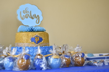 Blue and gold cake for boy baby shower 