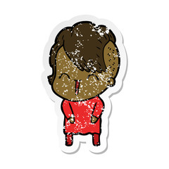 distressed sticker of a cartoon happy hipster girl